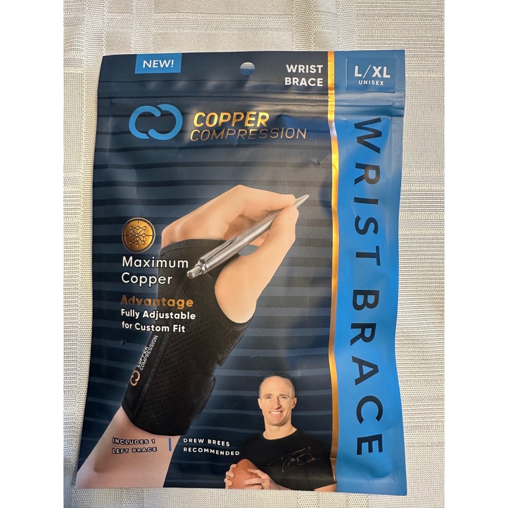 Copper Compression Wrist Brace Unisex L/XL Black Left Hand Support Adjustable